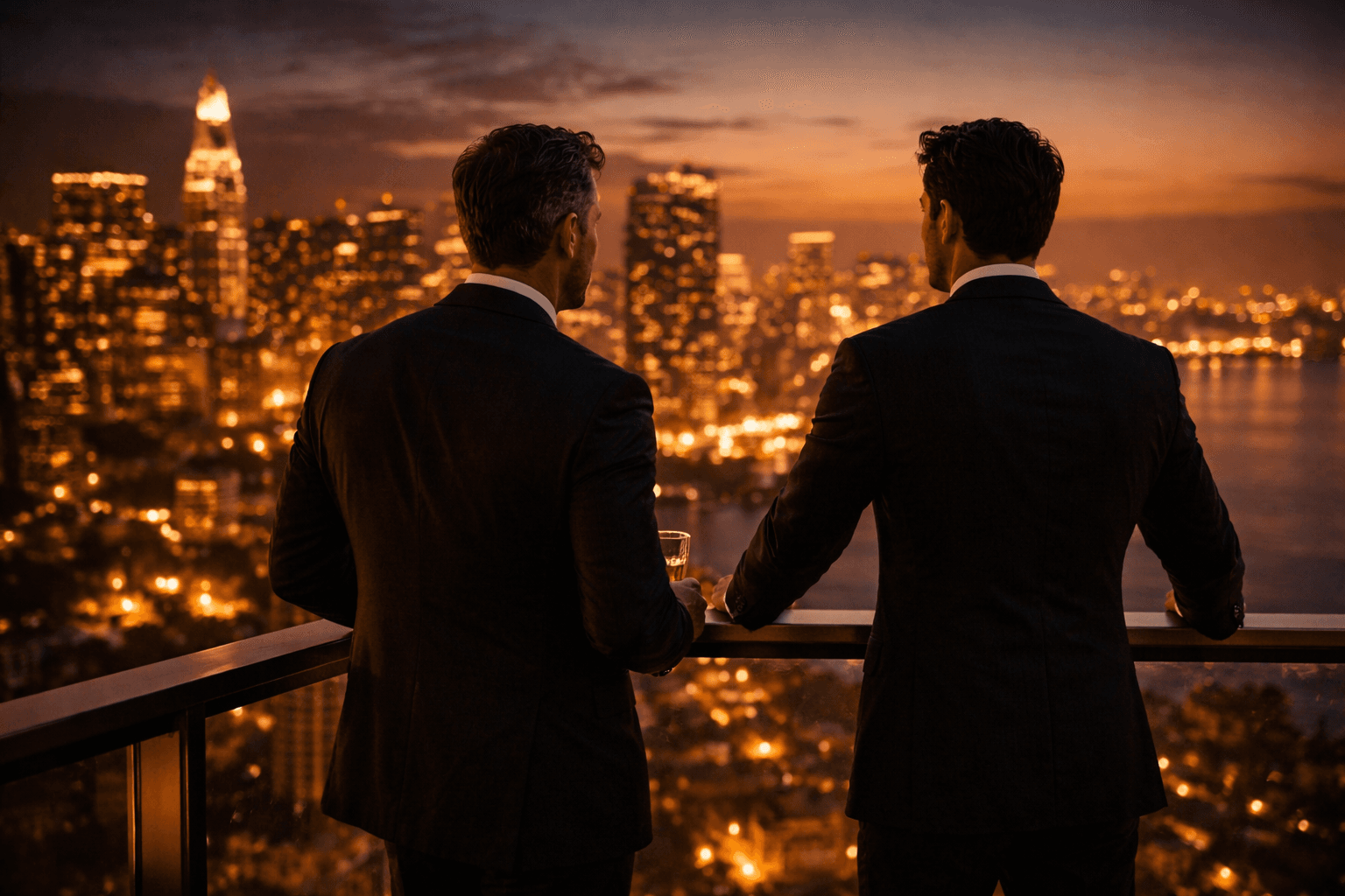 Two investors overlooking city skyline